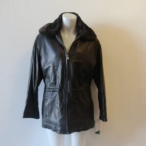 NWT Marc New York Andrew Marc Black Faux Fur Trim Hood Leather Jacket S